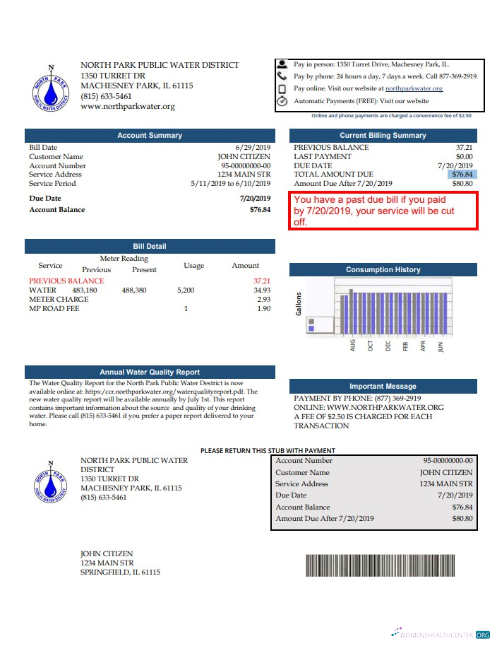 download USA Illinois North Park Public Water District IL utility bill template in Word and PDF format PDF template
